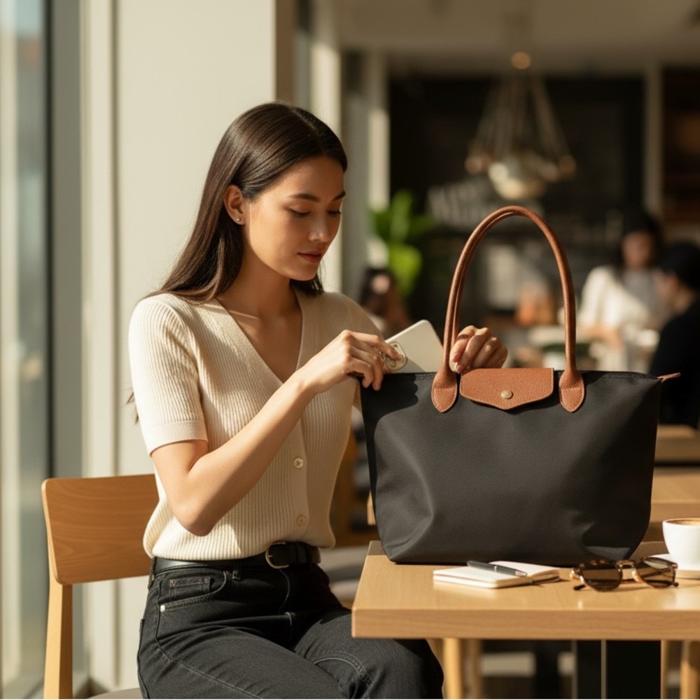Nylon Tote Bag Black Brown | Minimalist Quiet Luxury Everyday Work Bag . - Picture 5 of 8